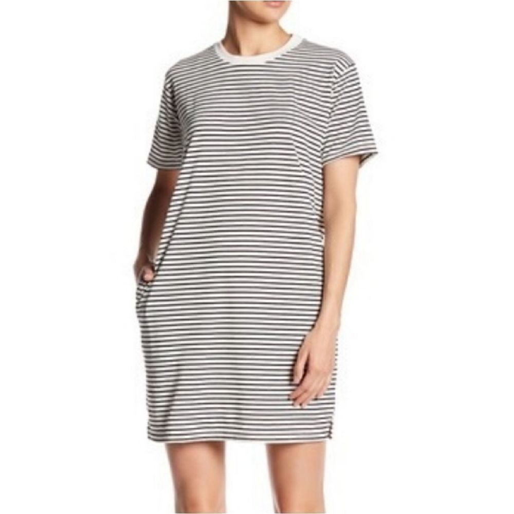 Cotton Emporium Women's Black Stripe Cotton Crewneck Short Sleeve T-shirt Dress
